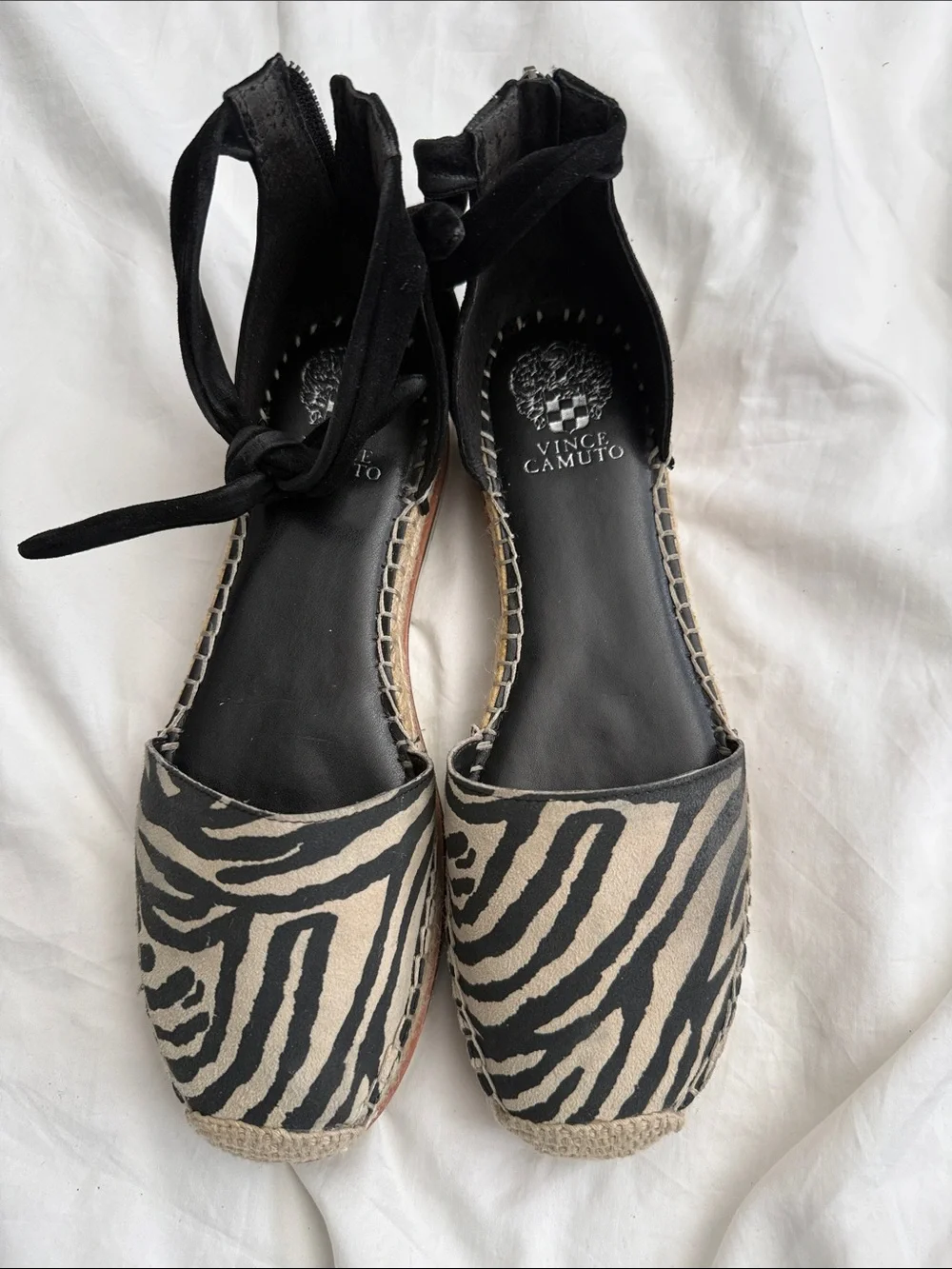 Vince Camuto Black and Cream Zebra Espadrille Flats with Ankle Ties